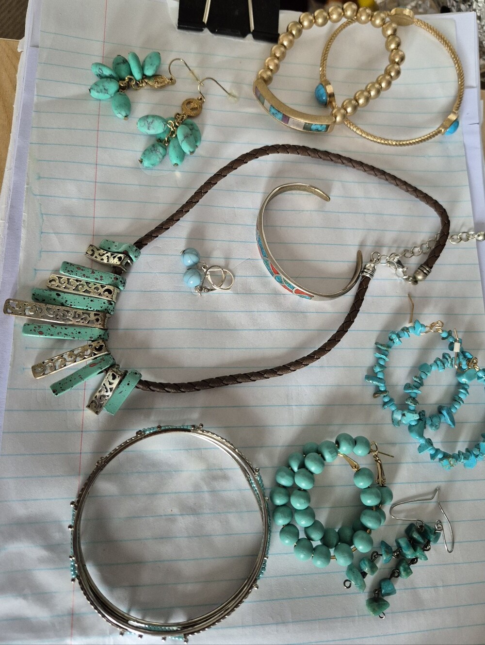 Turquoise Bead and Leather Statement Necklace, Earrings And Bangles